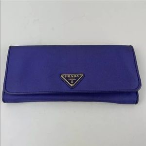 Prada Wallet Mini Small Clutch Card Holder Leather Nylon Gold Fold Over Purple